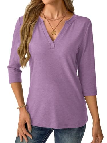 Womens Tops 3/4 Sleeve V Neck Spring Summer Work Tunic Shirts Business Dressy Casual Blouses A- Purple - Thumbnail 3