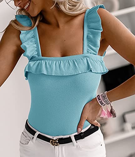 CNJFJ Womens Cute Sleeveless Tank Tops Ruffle Strap Square Neck Blouse Solid Color Knitted Camisole Sky Blue - Thumbnail 2