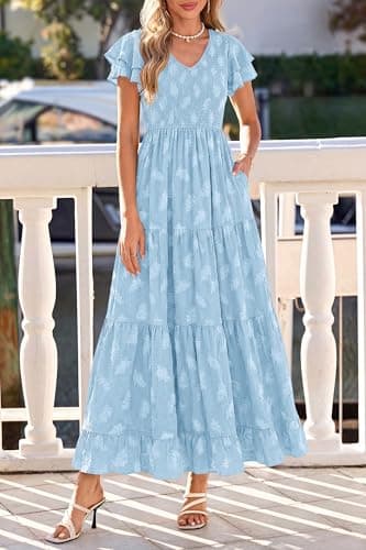 dowerme Maxi Dresses for Women 2026 Summer Ruffle Sleeve V Neck Smocked A Line Floral Boho Tiered Sundress Spring Outfit(Light Blue,Medium) - Thumbnail 3