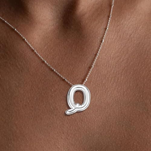 BOLAGTIER Bubble Letter Necklace Gold Plated Balloon Initial Chunky Bubble Alphabet Pendant Necklace Trendy Jewelry Gift for Women (Q, Silver) - Thumbnail 2