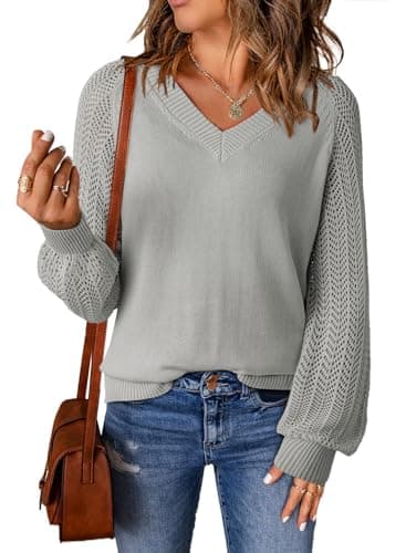 Dokotoo Gray Sweaters for Women 2026 V Neck Long Puff Sleeve Solid Color Hollow Out Fashion Casual Loose Plain Pointelle Knit Pullover Sweater Jumper Outerwear Large - Image 1