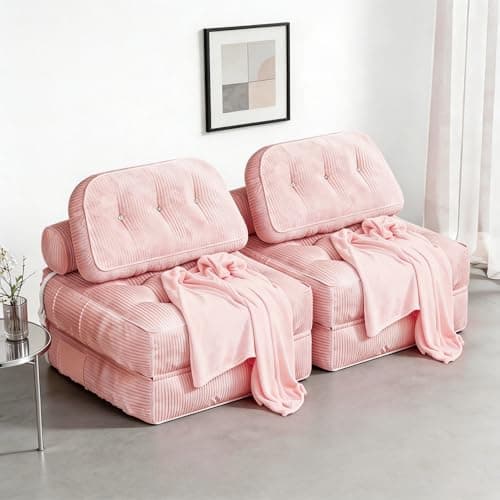 NESLAKO Folding Sofa Bed, Flannel Futon Couch Bed with Pillow and Blanket, Convertible Sleeper Chair for Living Room Bedroom (Two Pink) - Image 1