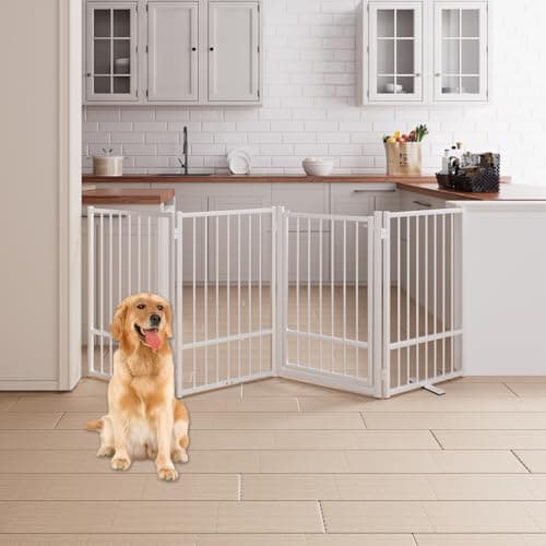 HMHTCT 4 Panels Full Metal Freestanding Dog Gates with Door, 80” W x 32” H Folding Pet Gate Fence with Support Feet for Indoor,Stairs, Hallways and Doorways(White)
