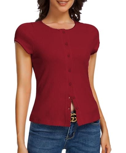 ADORPOP Tops for Women Dressy Casual - Crewneck Ribbed Knit Shirts Button Up Trendy Y2K Going Out Top Fashion Clothes Burgundy X-Large