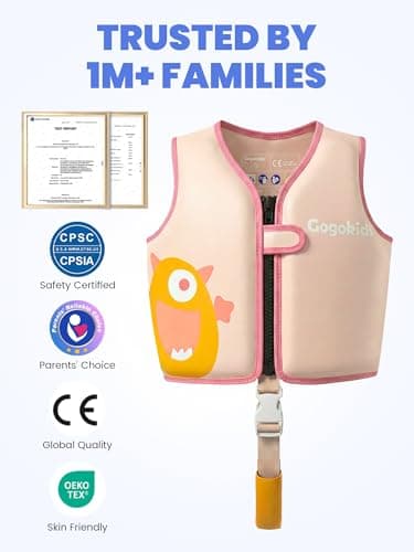 Gogokids Toddler Swim Vest Pool Floaties for Kids 1-2-3-5-7-9 Yrs, Neoprene Kids Swimming Jacket w/Adjustable Safety Strap & Zip, Toddler Float Jacket 33-66lbs for Beach Puddle Pool Boys Girls Niños - Thumbnail 2
