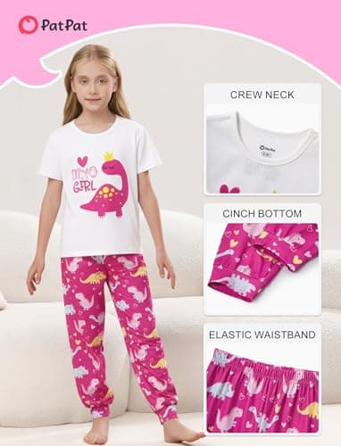 PATPAT Girls Pajama Set Playful Print PJs Soft Short Sleeve Top and Pants Sleep Wear Comfortable 2pcs Nightwear Sets Hot Pink Dinosaur 6 Year - Thumbnail 6