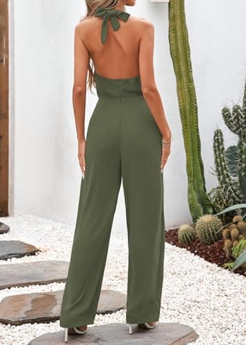 Lazysmile Summer Jumpsuits for Women Sleeveless Halter Backless Pants Romper Dressy Wide Legs One Piece Outfits - Thumbnail 2