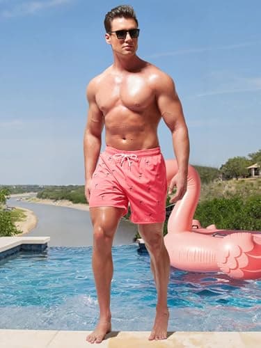 Arcweg Mens Swimming Trunks 2 in 1 with Boxer Liner 5.5" Quick Dry Swimwear Bathing Suit Swim Shorts with Zipper Pockets L(US) Flamingo - Thumbnail 2