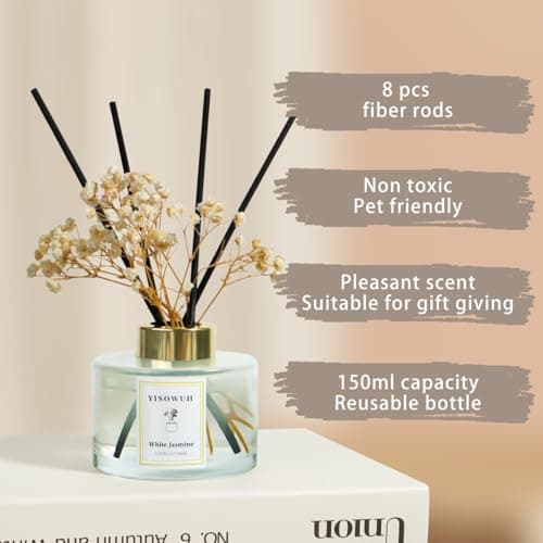 YISOWUH Reed Diffuser Set,5.07 fl oz (150 ml) - White Jasmine Oil Diffusers with 8 Reed Sticks,Home Fragrance Reed Diffuser for Bathroom Shelf Decor - Thumbnail 2