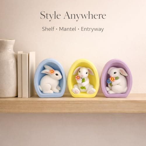 GoGnome Resin Easter Bunny Alcove Figurines, Set of 3 – Pastel Egg Frame Bunny Decor, Spring Shelf & Mantel Display, Cute Seasonal Home Accent (Blue/Yellow/Purple) - Thumbnail 5