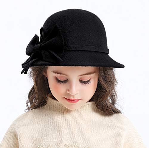 Bienvenu Kids Girls Winter Warm 100% Wool Bucket Hats Fedoras with Bowknot,Black - Thumbnail 4