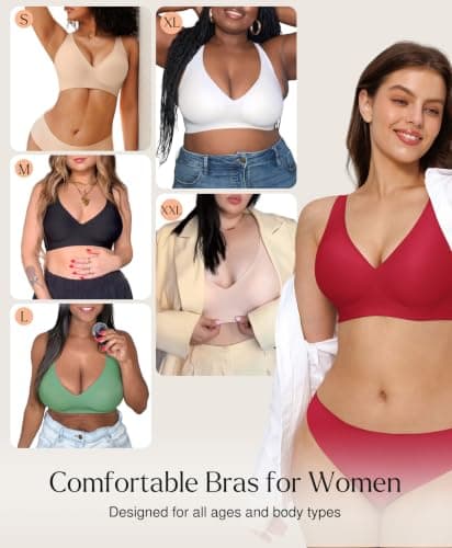 Seamless Bras for Women Comfy Push Up Supportive Wireless Bralettes Deep V Comfortable Tshirt Bras No Underwire Red S - Thumbnail 5