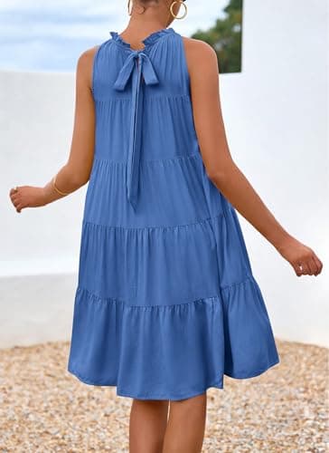 Okiwam Womens Summer Halter Dresses Sleeveless A Line Tiered Swing Mini 2025 Fall Casual Boho Beach Vacation Sundress-M Sky Blue - Thumbnail 3