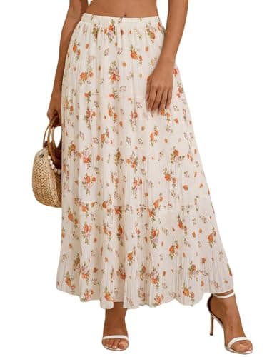 Floral Long Skirt Women Trendy High Waisted Elastic Boho Maxi Skirts with Pockets Flowy Tiered Ruffle A Line Garden - Image 1