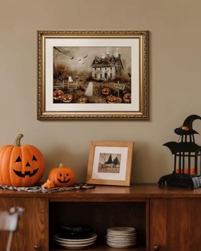Vintage Gold Framed Spooky Halloween Wall Art, 13x16 Haunted House Jack-o’-Lanterns Bats Canvas Painting Print, Ghosts Pumpkins Halloween Picture Holiday Home Room Atmospheric Decor - Thumbnail 2
