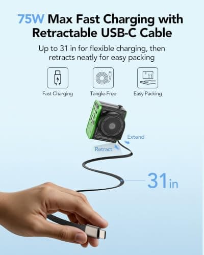 Mfish 75W Universal Travel Adapter with Retractable USB-C Cable, 3 USB-C & 1 USB-A, 1 AC Outlet, International Wall Charger for MacBook, iPhone, iPad, EU/UK/US/AUS, Type A/I/G/C, Black - Thumbnail 5