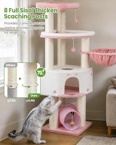 Cat Tree Tower for Large Cats Adult - 60 Inch XXL Sturdy Heavy Duty Extra Wide Scratching Posts (φ4.4in) Condo - Indoor Big Cat House Hammock Perch - XL Wood Multi Level Feline Pet Bed Trees Houses - Thumbnail 5