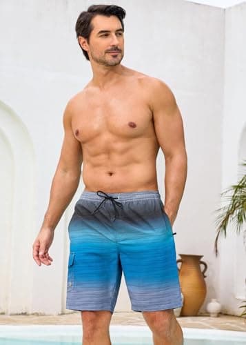 SILKWORLD Mens Swimming Trunks with Compression Liner 2 in 1 Swimming Shorts Quick Dry Bathing Suits with Cargo Pockets, Grey Blue, Large - Thumbnail 4