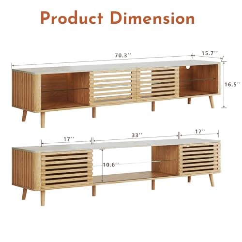 HUAHUU 70" TV Stand for 55/65/75 Inch TV, Faux Marble Top Entertainment Center with Slatied Sliding Door & LED Lights, Mid Century Modern Style, Low TV Console with Glass Shelves for Bedroom - Thumbnail 2