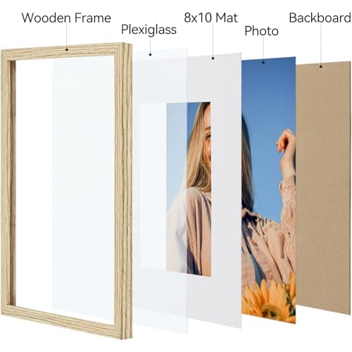 Vittanly 11x14 Picture Frame Set of 4, Display Pictures 8x10 with Mat or 11x14 without Mat, Gallery Wall Frame Set for Wall or Tabletop, Engineered Wood with Shatter Resistant Plexiglass, Natural - Thumbnail 4