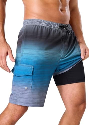 SILKWORLD Mens Swimming Trunks with Compression Liner 2 in 1 Swimming Shorts Quick Dry Bathing Suits with Cargo Pockets, Grey Blue, Medium - Image 1