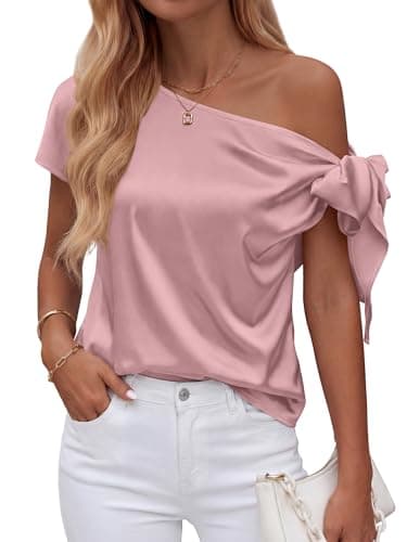 BTFBM Off The Shoulder Tops for Women Summer 2026 Short Sleeve Satin Blouse Shirts Silk Y2K Going Out Top Beach Vacation(Pink, Medium) - Image 1
