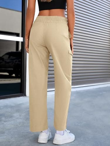 Cicy Bell Womens Cotton Cargo Pants Low Rise Drawstring Waist Wide Leg Casual Hiking Pants with Multiple Pockets Khaki - Thumbnail 3