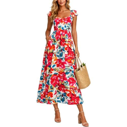 materasu Women Floral Print Midi Dress with Pocket Square Neck Ruffle Sleeve Casual Summer Dress - Image 1