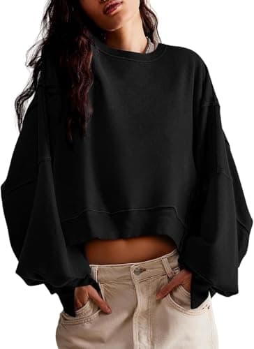 ALPSWARE Womens Cropped Sweatshirt Long Sleeve Tops Crewneck Loose Tee Fall Pullover Crop Side Slit Casual Black M - Image 1