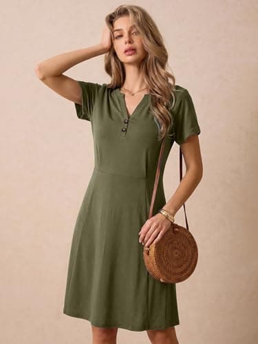 AUMORA Summer Dresses for Women 2026 Casual T Shirt Dress V Neck Short Sleeve with Pockets Loose Beach Vacation Dress Green - Thumbnail 2
