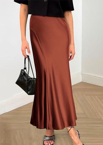 KIRUNDO Women Spring Summer Satin Maxi Skirt 2026 Trendy High Waisted Wedding Cocktail Party Work Silk A-Line Formal Skirts(Brown, Small) - Thumbnail 4