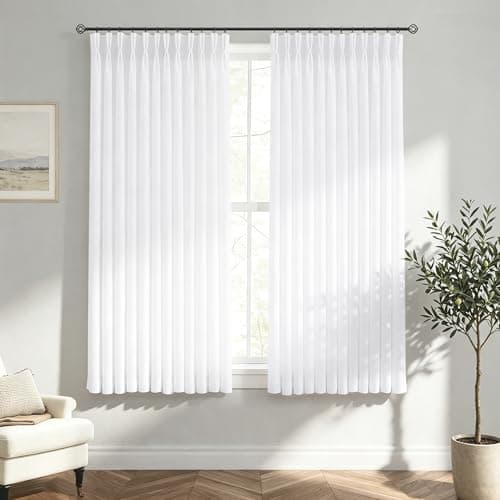 HUEVESSEL White Curtains 63 Inch Length for Living Room Pinch Pleated Pure White Linen Curtain Semi Sheer Short Pleat Drapes with Hooks Rings Bedroom 2 Panels Set - Image 1