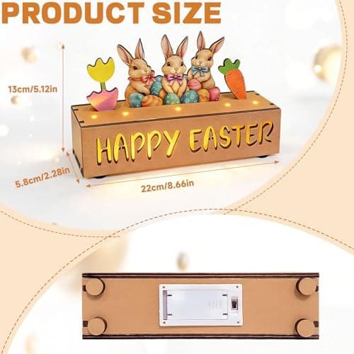 Happy Easter Decorations with LED Lights, Wooden Easter Decor Gifts for Table, Lighted Happy Easter Sign with Bunny, Carrots, Tulip and Easter Eggs, for Spring Mantel, Tiered Tray, Home Desk 8.6 inch - Thumbnail 6