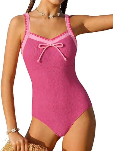 AMAWMW Girls One Piece Swimsuit Ribbed Bowknot Bathing Suit Summer Beach Swimwear Swim Suit for 7-16 Years Girl, Hot Pink, 13-14 Years - Image 1