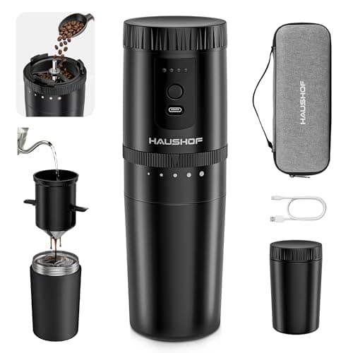 HAUSHOF Portable Coffee Grinder, Camping Coffee Makers, Portable Burr Coffee Grinder and Brewing Kit, Rechargeable, Personal Cordless Coffee Maker for Car, Camping, for Home Use