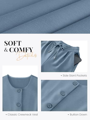 Casly Lamiit Womens Sets 2 Piece Outfits Summer Casual Lounge Travel Airport Clothes Matching Set Crew Neck Vest Waistcoat Wide Leg Pants Blue Grey M - Thumbnail 5