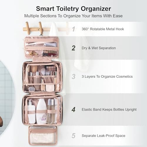 Everfun Hanging Toiletry Bag for Travel, 12x9x4.5 inch Large Capacity Cosmetic Organizer with Leakproof Wet/Dry Compartment, Waterproof Dopp Kit Toiletries Bag for Women Pink - Thumbnail 2