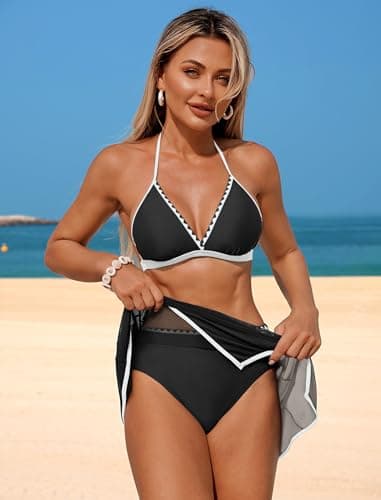 ZAFUL High Waisted Bikini Set Tummy Control Swimsuits for Women Swimwear Two Piece Swimsuits with Skirt Black L - Thumbnail 2