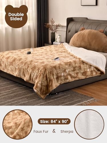 Bearhug Electric Blanket Queen Size 84" x 90", Dual Controller Heated Blanket, Faux Fur & Sherpa, 10-Heat Levels & 1-12H Auto Off, Over-Heat Protect, ETL, Machine Washable - Thumbnail 4