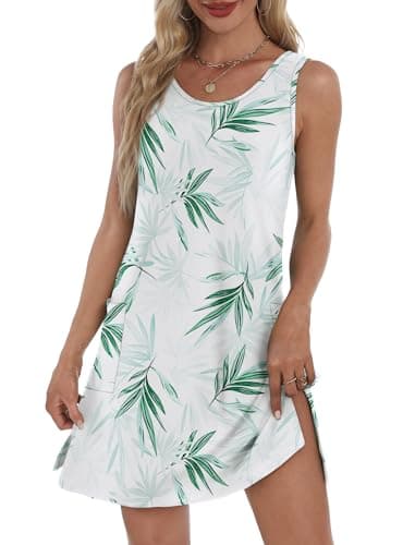 BKRIVE Summer Dresses for Women 2026 Loose Fit Round Neck Sleeveless Sundresses Beach Fashion Tank Dress with Pockets Flora Green White L - Image 1
