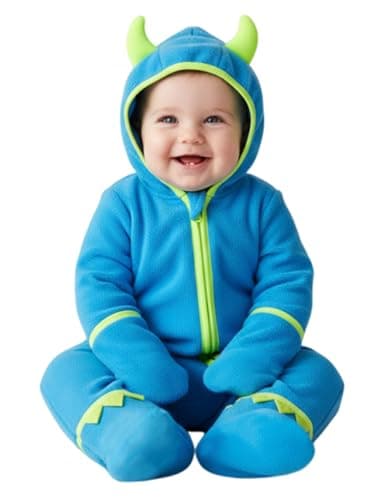 PATPAT Fleece Baby Hooded Footed Romper Clothes, Cozy Soft Warm Footie Covers Mittens, Car Seat Friendly, Easy Zip, Cute Boy Girl, Newborn Infant Bodysuit Bunting Blue Monster 12-18 Months