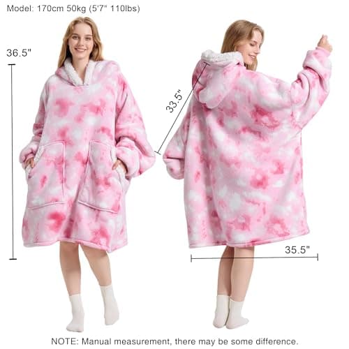 Kipswiza Wearable Blanket Hoodie - Oversized Soft Cozy Sherpa Fleece Hooded Blankets Sweatshirt as Gifts for Women Mother Daughter Girlfriend, Pink Tie Dye - Thumbnail 6