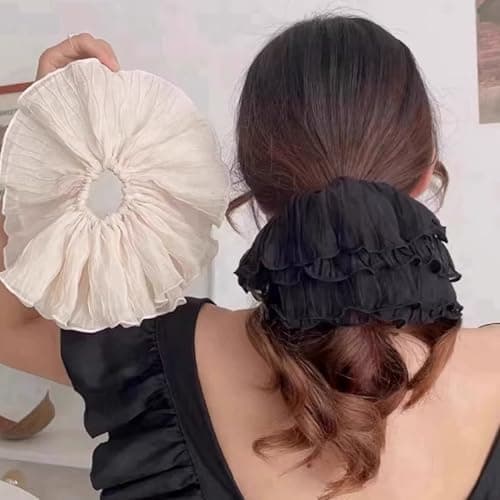 Jseng 2PCS Extra Large Scrunchies for Hair, Korea Lace Hair Ties, Beige and Black - Thumbnail 2