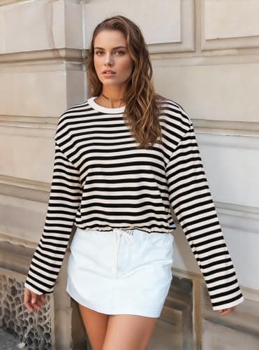 MONCCIZA Womens Long Sleeve Sweatshirt Oversized Striped Crewneck Pullover Going Out Crop Tops Casual Outfits Black - Thumbnail 6