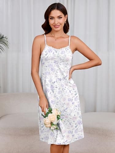 Heymoments Nightgowns for Adult Women Sleeveless Sleep Shirts Print Floral Small V-Neck Nightie Night Gown House Pajama Ladies Lounge Sexy Dress - Thumbnail 3