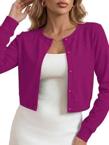 Heymoments Shrugs for Women Magenta Medium Cropped Lightweight Bolero Cardigan Button Down Long Sleeve Crewneck Casual Ladies Open Front Knit Coat Fall Tops Sweater for Dresses Jean - Image 1