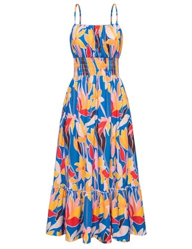 GRACE KARIN Womens Summer Maxi Dress Casual Sleeveless Spaghetti Strap Smocked Ruffle A Line Beach Long Dress with Pockets Blue Yellow Floral M - Image 1
