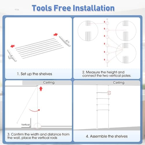 SUNALLY Over The Toilet Storage Shelf, 4-Tier Adjustable Over Toilet Bathroom Organizer,Tension-Mounted Bathroom Storage Rack for Ceilings, No Drill Space-Saving Shelving for Small Rooms,White - Thumbnail 5