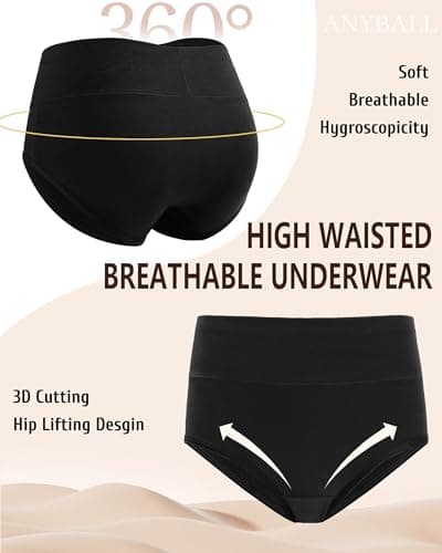Anyball Women's Cotton Underwear High Waisted Briefs Full Coverage Soft Breathable Panties 5 Pack - Thumbnail 2