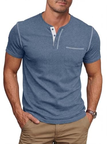 NITAGUT Mens Henley Shirts Short Sleeve Cotton Casual T-Shirts for Men Comfort Button Summer Tee with Pocket, Vg Blue, Large - Image 1